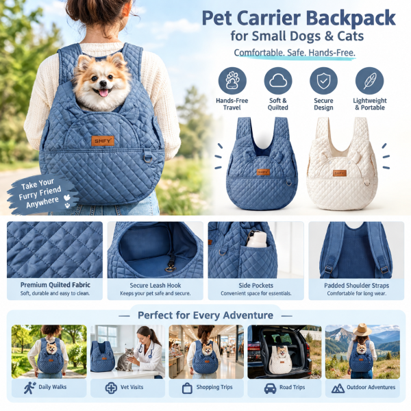 1pc Easy & Comfortable Quilted Pet Carrier Backpack for Small Dogs & Cats on the Go