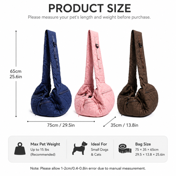 1pc Quilted Pet Bag for Cats & Small Dogs|Small pet Sling Carrier